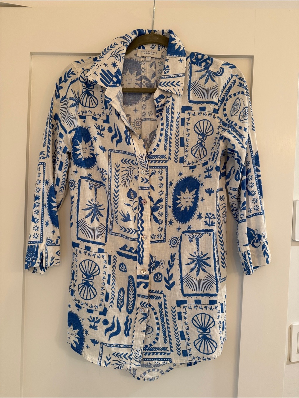 Calypso St. Barth White and Blue Printed Button-Front Swim Coverup